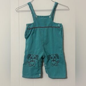 Vintage Teal Kids Overalls with Puppy Embroidery on Knees